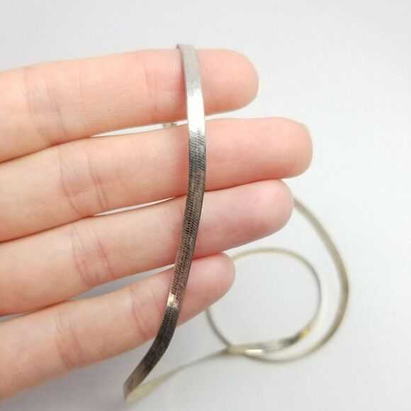 Vintage Sterling Silver Herringbone Flat Chain Necklace, Signed GLO, Estate - Picture 1 of 8